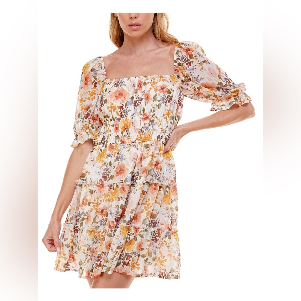 Trixxi Floral Smocked Tiered Puff Sleeve Square Neck Mini Babydoll Dress Sz XL